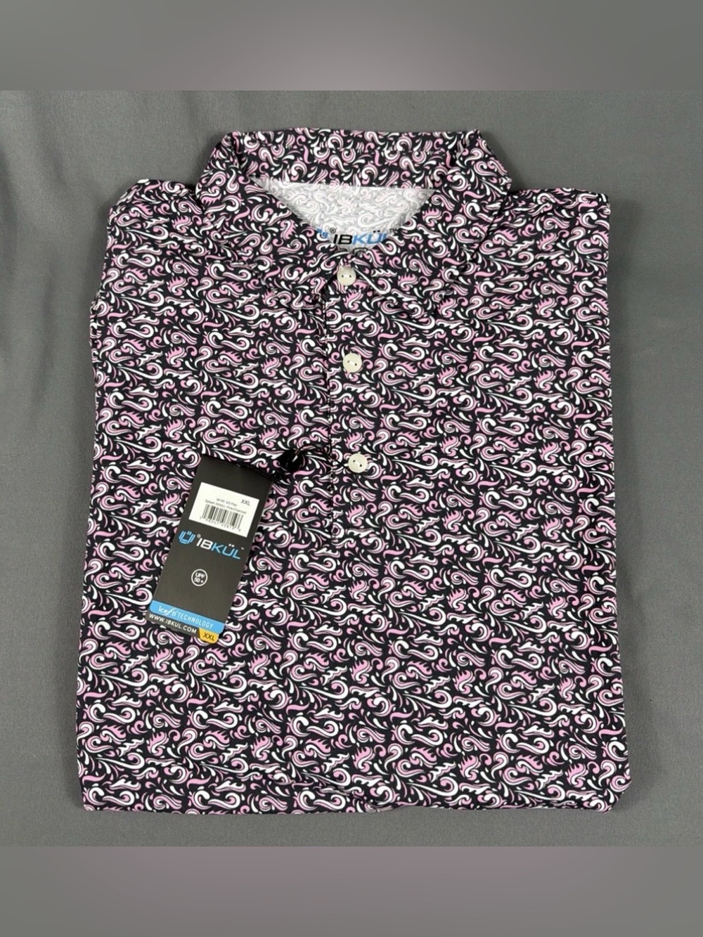 Ibkul Golf Shirt Polo Splash Print XXL White Pink Charcoal Nylon NWT MSRP $100